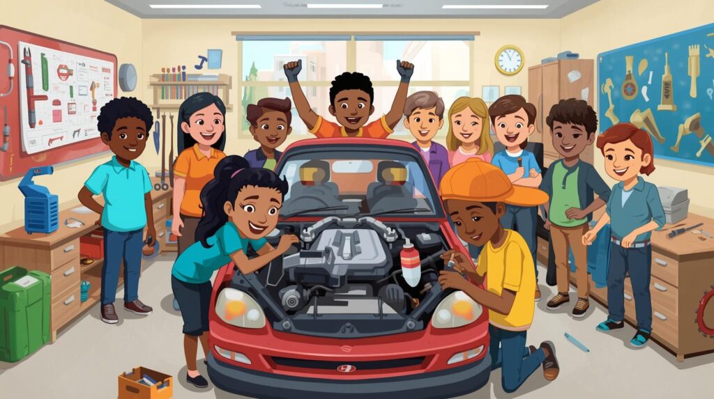 Maak een afbeelding van een groep in de klas die aan een auto sleutelen in de klas._Het moet in een klaslokaal_Het moet op een tekenfilm tekening lijken