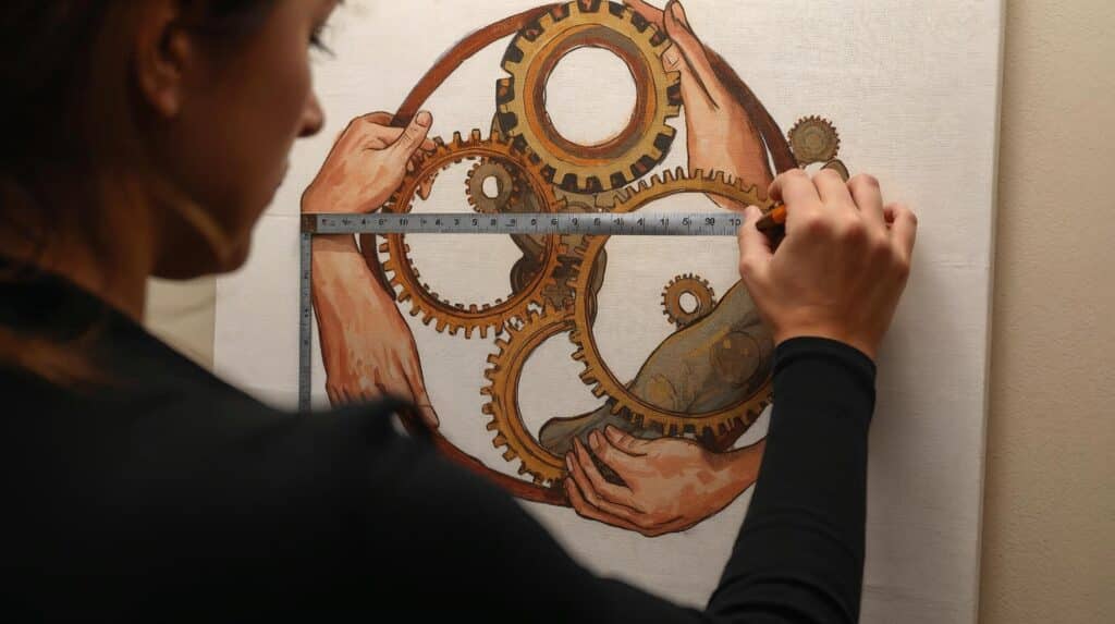 het thema samenwerken in een plaatje afgebeeld en dan een iemand die dat plaatje opmeet om de maat op te meten